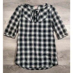 Mossimo 3/4 Sleeve Pullover Plaid Cotton Tunic Blouse Womens Size Medium Pockets